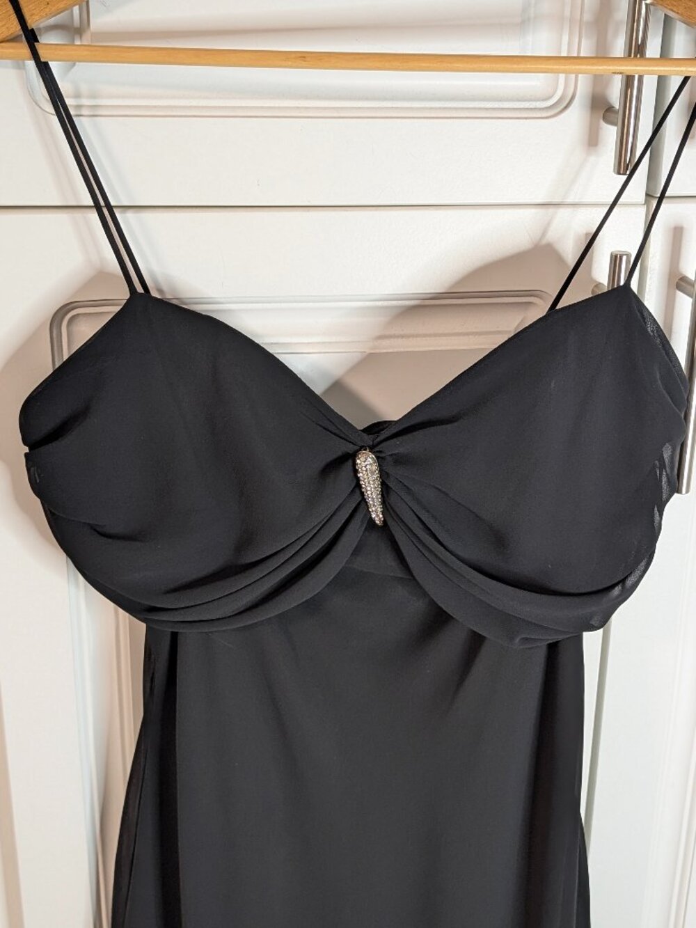 Sweetheart Ruched Empire Chiffon Maxi Gown Black L Rhinestone Formal Vintage Y2K - Picture 4 of 14